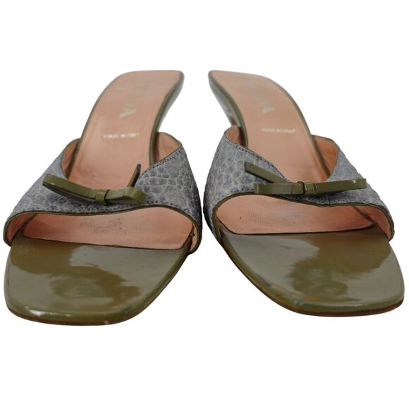 Vintage Prada Italy Designer Heels Grey Green Leather Womens 9 Mules Dress Shoes - Picture 8 of 14